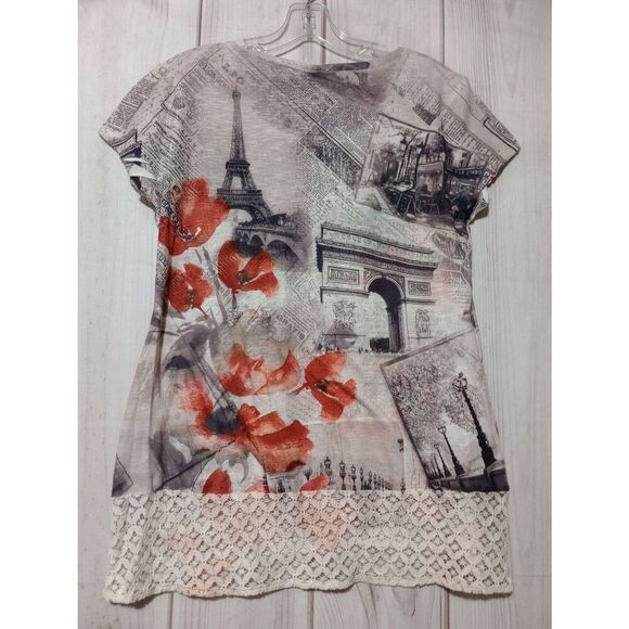 Ransom Shirt Ladies Medium Gray Red Floral Short Sleeve Paris Embellished Lace T - Picture 2 of 7